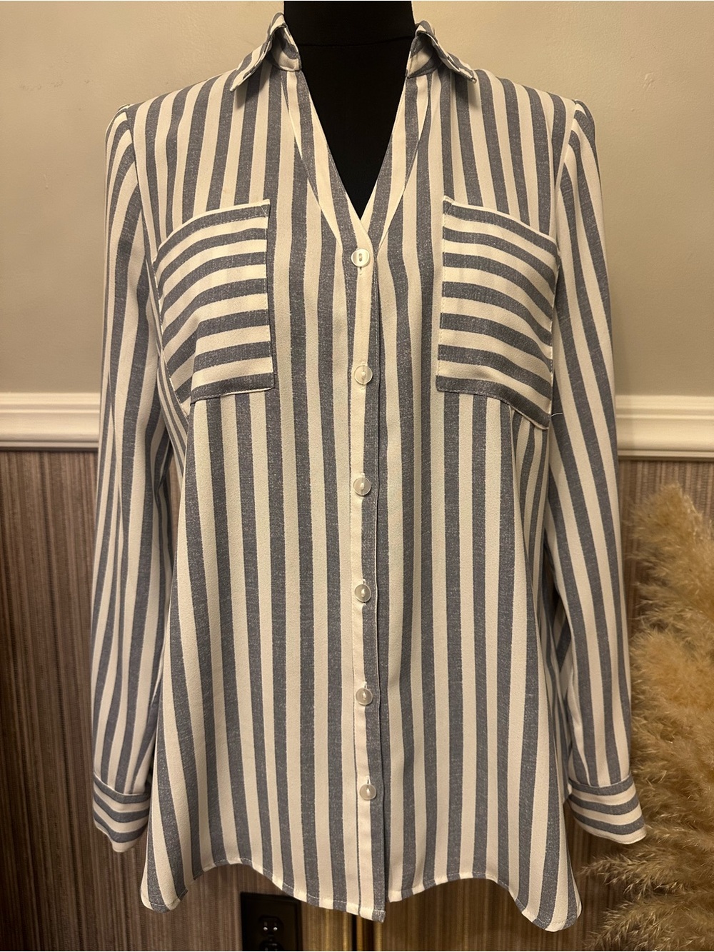 Fortune + Ivy Blue White Striped Button Down Blouse Oversized Shirt M